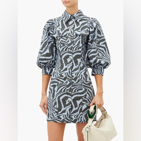 Ganni Zebra Print Cotton Shirt Dress Puff Sleeve Mini Blue Gray Designer EU34 XS - Picture 2 of 16